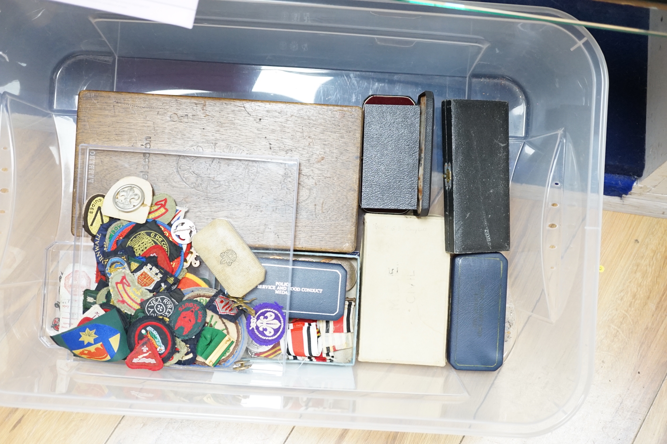 A collection of medals and badges, including eight Special Constabulary Service Medals, Fire Service Medal, a cased Police Long Service and Good Conduct Medal, masonic awards, including hallmarked silver gilt 1897 Diamon